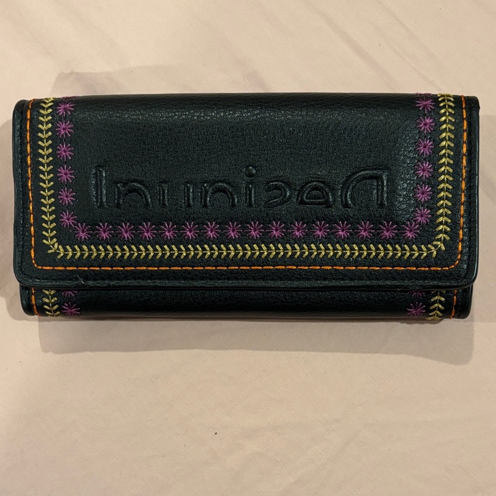 Desigual Black Wallet with Purple and Yellow Embroidery